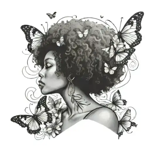 facelss woman with afro to chest that turns into a waterfall with butterflies tattoo design idea