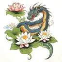 a dragon resting on top of a water lily flower tattoo design idea