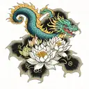 a dragon resting on top of a water lily flower tattoo design idea