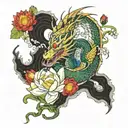 a dragon resting on top of a water lily flower tattoo design idea