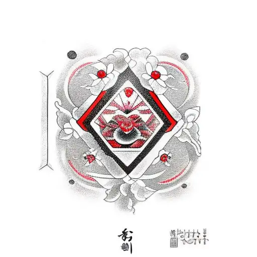 red diamond with black outline, japaneese samuri gardening on the inside of the diamond tattoo design idea