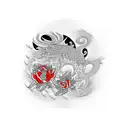 red diamond with black outline, japaneese samuri gardening on the inside of the diamond tattoo design idea