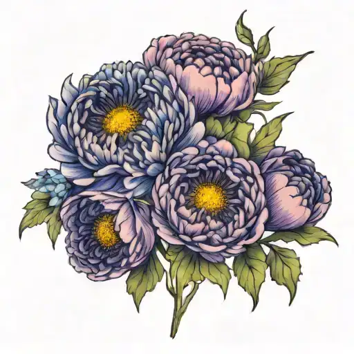 a  vertical arrangement with 1 chrysanthemum, 1 peonies, 1 violet , 1 iris, 1 gladiola, and 1 poppy   tattoo design idea