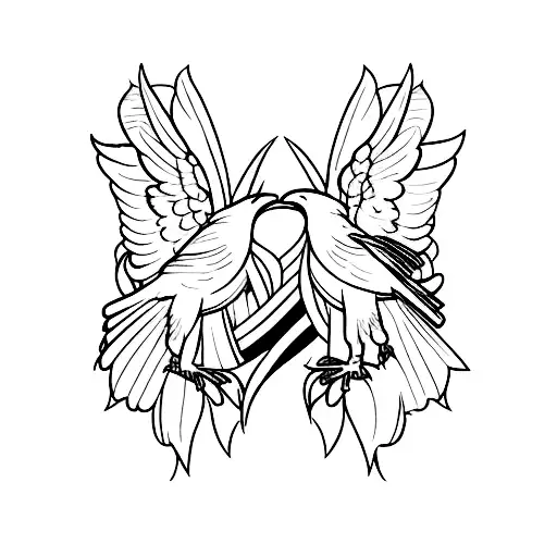 two ravens around an antique mirrow with anatomic heart inside tattoo design idea