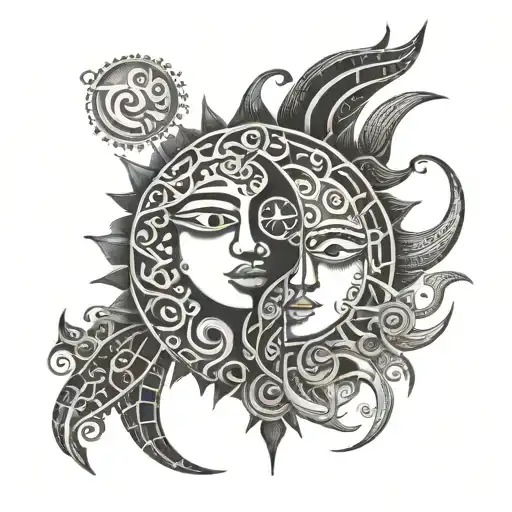 A dotwork tattoo of a Taino sun and moon merging together, with hidden symbols of strength and protection woven into the design, reflecting the client's diverse interests and passions tattoo design idea