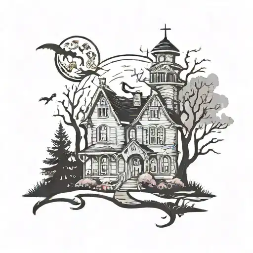 Haunted house with moon surrounded by trees with a nurse and witch standing in a cemetary in front of the haunted house tattoo design idea