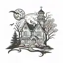 Haunted house with moon surrounded by trees with a nurse and witch standing in a cemetary in front of the haunted house tattoo design idea