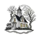 Haunted house with moon surrounded by trees with a nurse and witch standing in a cemetary in front of the haunted house tattoo design idea