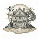 Haunted house with moon surrounded by trees with a nurse and witch standing in a cemetary in front of the haunted house tattoo design idea