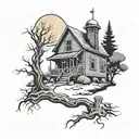 Haunted house with moon surrounded by trees with a nurse and witch standing in a cemetary in front of the haunted house tattoo design idea