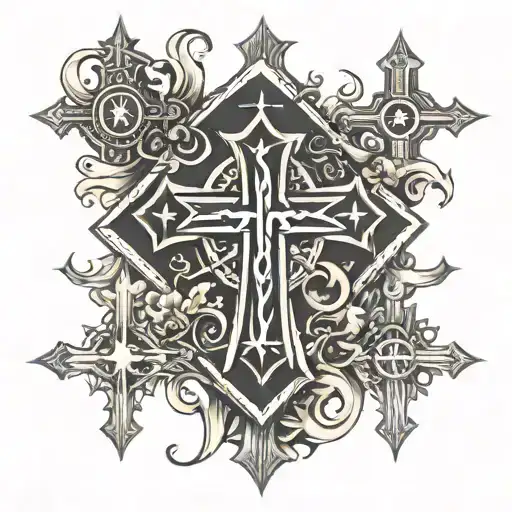 A bold Cross with 4 other crosses around it , featuring a Alpha symbol at the top, Omega at bott , and Ichthys symbols,  tattoo design idea