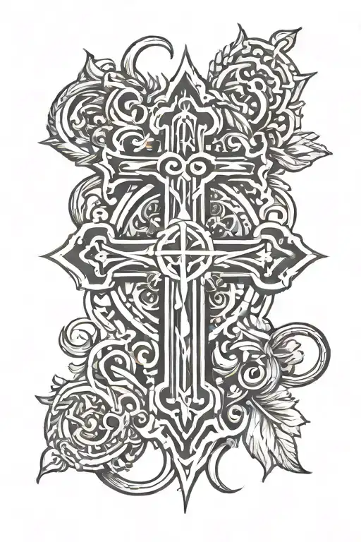 A bold Five-Fold Cross tattoo, featuring integrated Alpha, Omega, and Ichthys symbol tattoo design idea