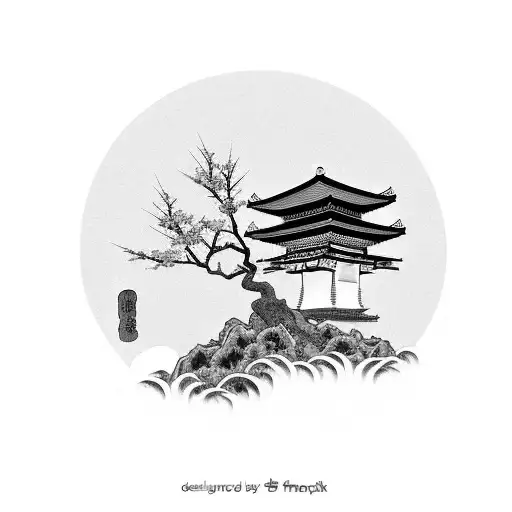 Samurai in kimono standing in front of a Japanese temple and a sakura tree and above them there is a red sun tattoo design idea