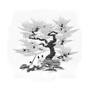 Samurai in kimono standing in front of a Japanese temple and a sakura tree and above them there is a red sun tattoo design idea