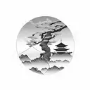 Samurai in kimono standing in front of a Japanese temple and a sakura tree and above them there is a red sun tattoo design idea