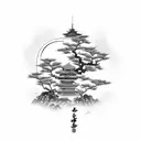 Samurai in kimono standing in front of a Japanese temple and a sakura tree and above them there is a red sun tattoo design idea