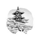 Samurai in kimono standing in front of a Japanese temple and a sakura tree and above them there is a red sun tattoo design idea