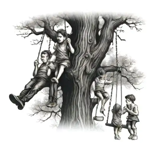 A tree with a shilloutee of 3 boys and a girl on swings. On the trunk of the tree put "Dann + Ann" actors maks tattoo design idea