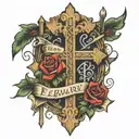 3 crosses with the name James Warren going up the stem on the middle one and the date February 17 2017 horizontal   tattoo design idea