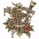 3 crosses with the name James Warren going up the stem on the middle one and the date February 17 2017 horizontal   tattoo design idea