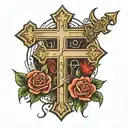 3 crosses with the name James Warren going up the stem on the middle one and the date February 17 2017 horizontal   tattoo design idea