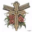 3 crosses with the name James Warren going up the stem on the middle one and the date February 17 2017 horizontal   tattoo design idea