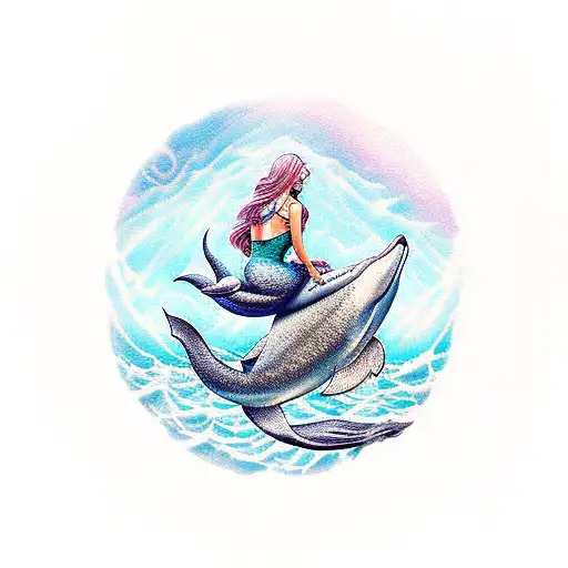 mermaid zodiac sign cancer sitting on a rock in moon light and a dolphin in the sea swimming around her tattoo design idea