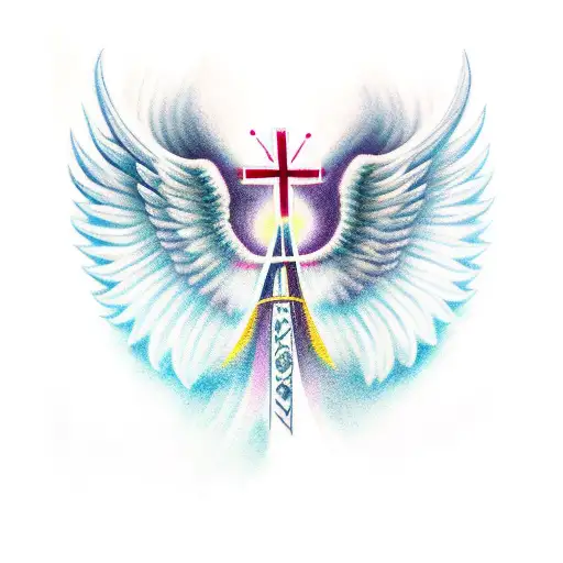 color memorial cross with color angel wings tattoo design idea