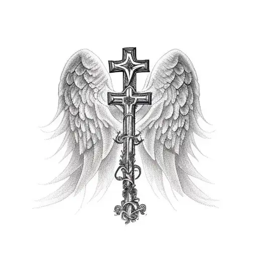 memorial cross with angel wings tattoo design idea