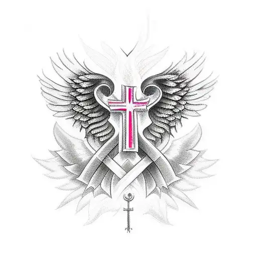 color memorial cross with angel wings tattoo design idea