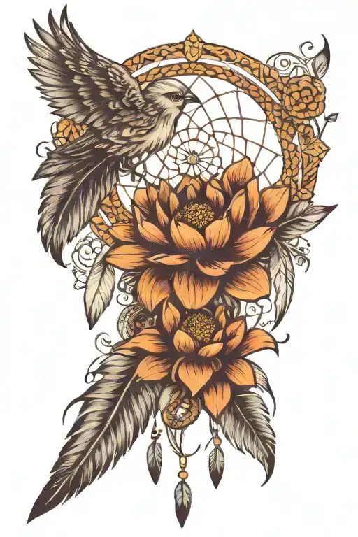 dream catcher under lotus flower and feathers  tattoo design idea