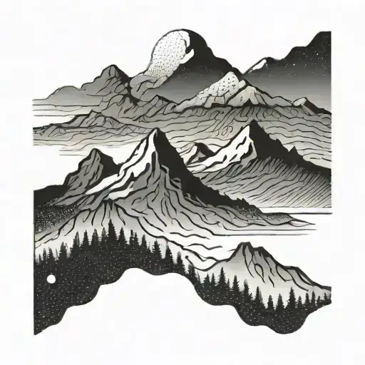 Mountain range horizontally, top and bottom ornament. tattoo design idea