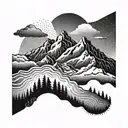 Mountain range horizontally, top and bottom ornament. tattoo design idea