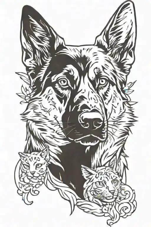 german shepherd dog and black white cat tattoo design idea