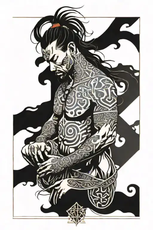 Jun Li with traditional Norse runes embedded in his tattoos. The runes may be inscribed in his weapons or decorations. tattoo design idea