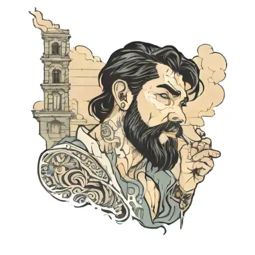 young man with black hair and beard smokes sitting on a low wall against a city background tattoo design idea