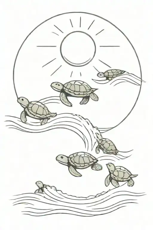 wave breaking with three baby turtles surfing on it, and in the background, the sun setti tattoo design idea