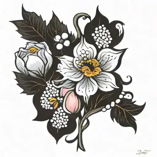 birth flower with january, july, august, october, and december tattoo design idea