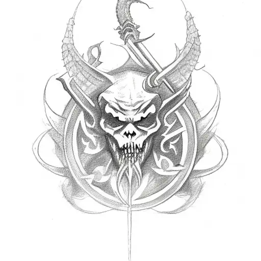 A sketch-style tattoo of a demonic figure holding a scythe, with the Lucifer sigil and the Leviathan sigil subtly incorporated into the background tattoo design idea