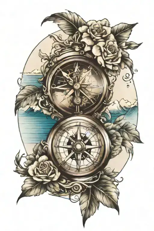 Create a tatto with a realistic compass surrounded by sea and mountains tattoo design idea
