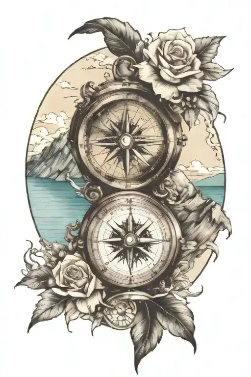 Create a tatto with a realistic compass surrounded by sea and mountains tattoo design idea