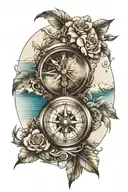 Create a tatto with a realistic compass surrounded by sea and mountains tattoo design idea