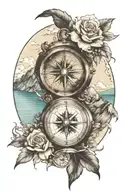 Create a tatto with a realistic compass surrounded by sea and mountains tattoo design idea