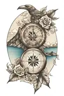 Create a tatto with a realistic compass surrounded by sea and mountains tattoo design idea