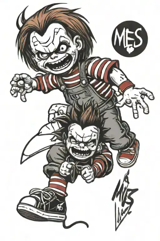 chucky doll and rugrat chucky with the words me vs me tattoo design idea