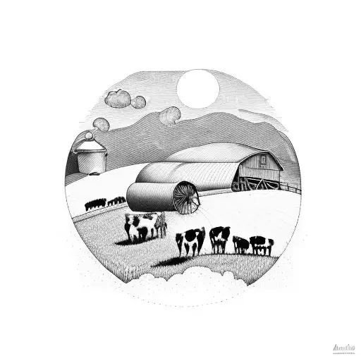 A farm scene with rolling hills and farm animals in the foreground tattoo design idea