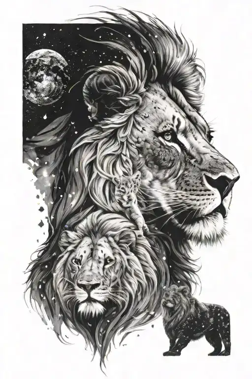 I would want a realistic lions face surrounded and merged with a galaxy with stars and planets. black and white ink tattoo design idea