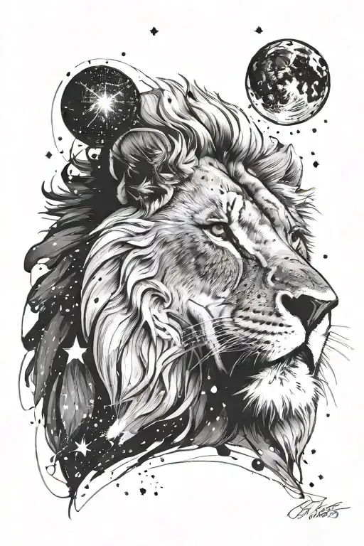I would want a realistic lions head surrounded and merged with a galaxy with stars and planets. black and white ink tattoo design idea