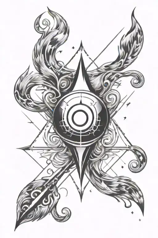 small calcifer flame, fine lines, vector geometric alchemy symbol, arrows, squares, all in black and white on white back tattoo design idea
