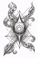 small calcifer flame, fine lines, vector geometric alchemy symbol, arrows, squares, all in black and white on white back tattoo design idea